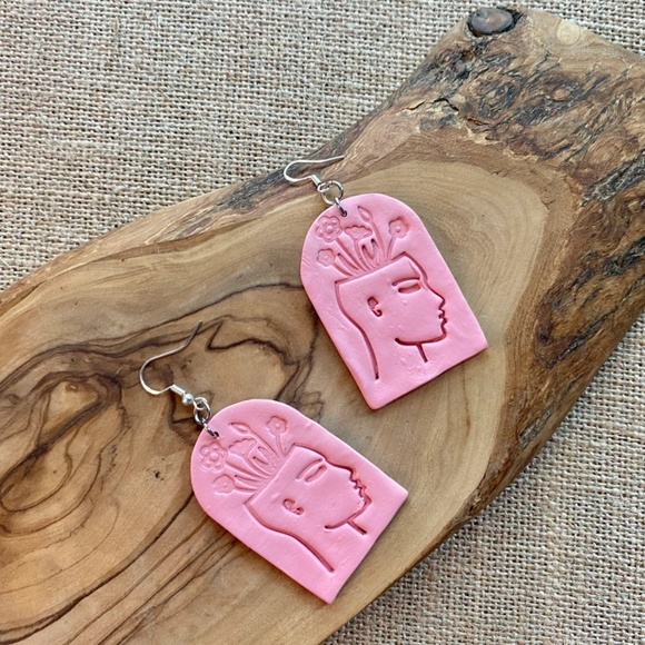 Handmade Clay Earrings | Large Arch | Pink Mental Health Awareness | Hook Backs - Picture 3 of 3